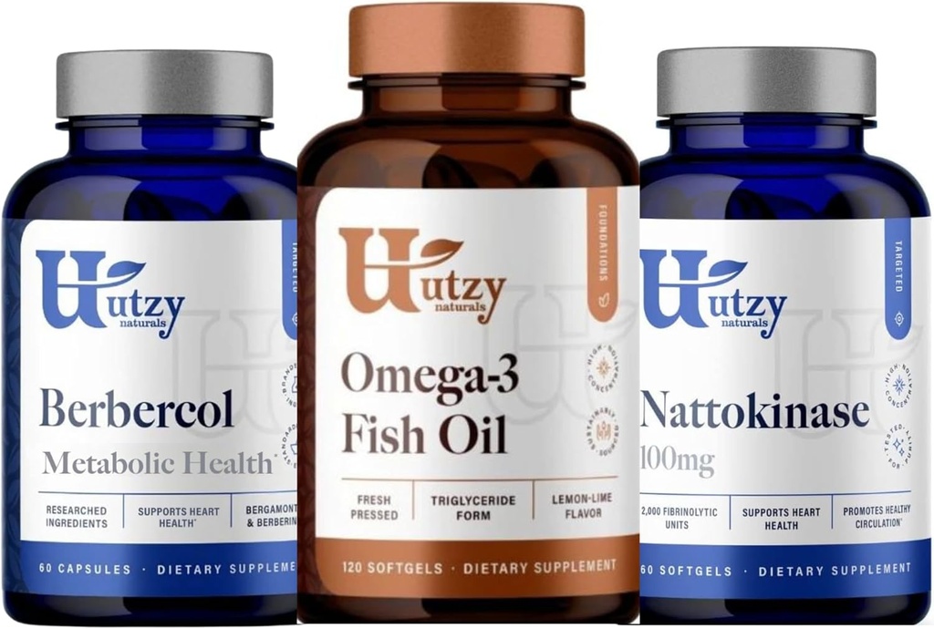 Utzy Naturals Berbercol Netherlands 124; 500mg Citrus Bergamot (jako Bergamonte) & Berberine, Nattokinase Nether124; 100mg + Omega 3 Fish Oil