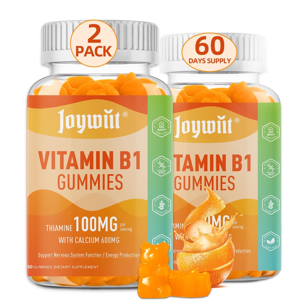 Witamina B1 Gumiaki 100mg dla dorosłych i dzieci, Suplement Tiaminy B1 z 600 mg wapnia, Wspiera układ nerwowy i zwiększa energię, Pomarańczowy aromat, Nie GMO, Wegan, 120 Gumiaki do żucia
