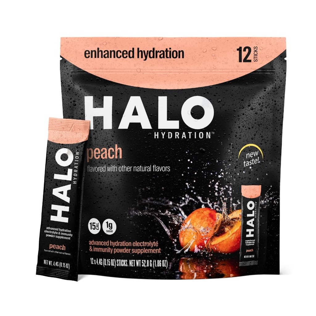 HALO Nawodnienie - Electrolyte Drink Mix 124; Nawodnienie w proszku Pakiety 124; Farba brzoskwiniowa - Do uprawiania sportu i roweru124; Easy Open Single Serving Stick