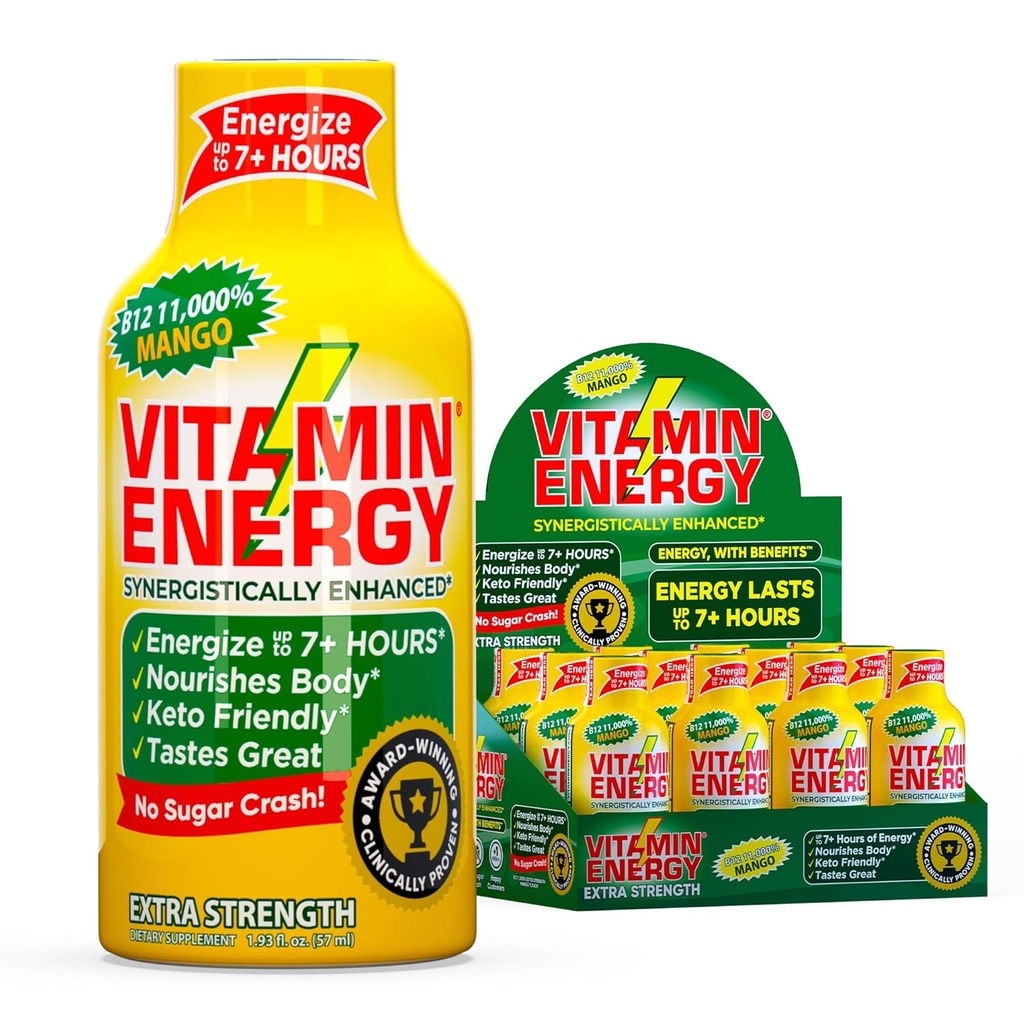 Witamina Energy B12 11 000% Dodatkowa moc energia strzał Mango 12 Pack, 260mg naturalna kofeina, B12 & B6, Nootropowe Focus, Witalność, Zero Cukier, Gluten- Free, Wegan, Kosher, 1.93 fl oz