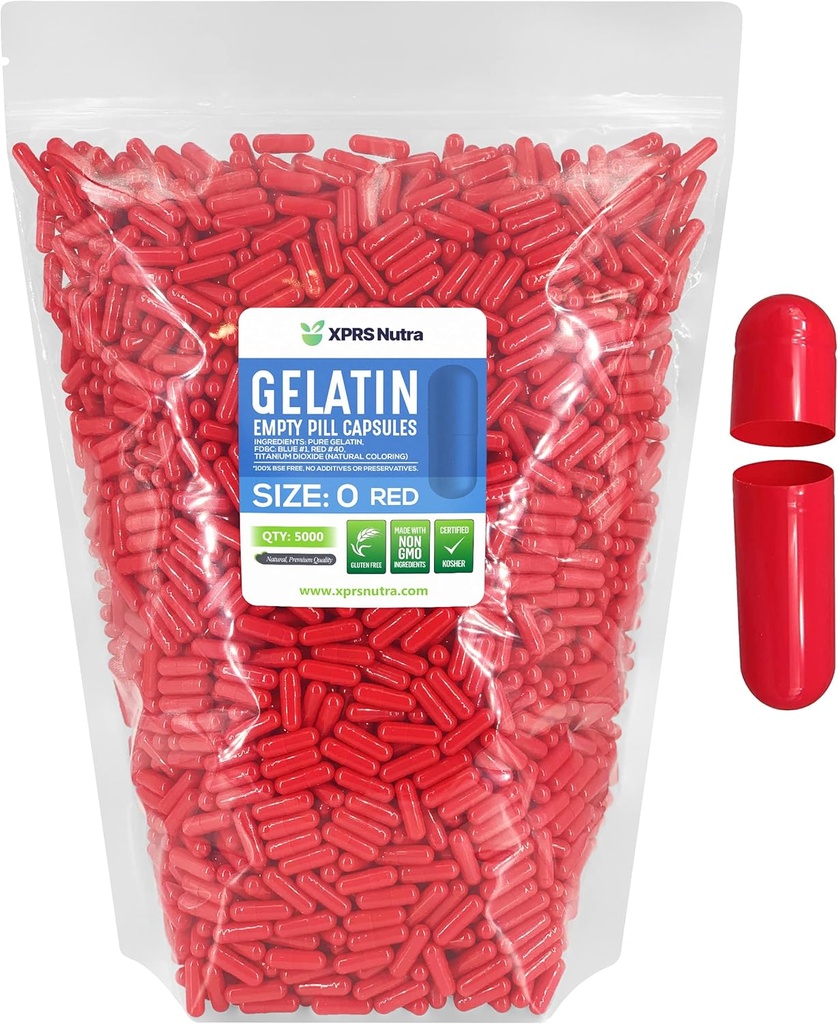 XPRS Nutra Size 0 Empty Capsules - 5000 Count Empty Gelatin Capsules - Pill DIY Capsule Filling - Pure Bovine Pills Gel Caps for Do-It-Yourself Supplements (Red)