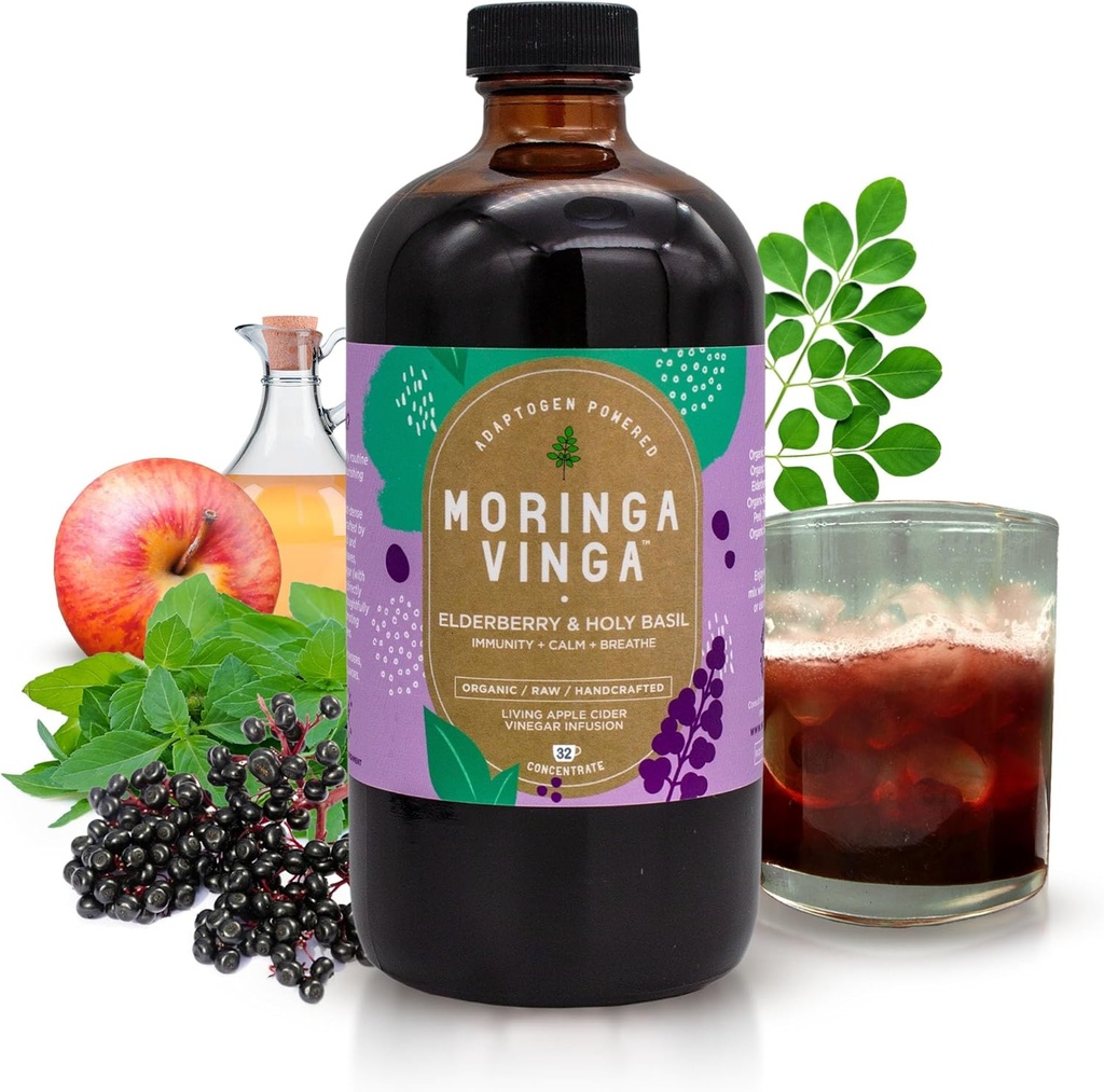 VINGA Organic Elderberry & Holy Basil Moringa Infusion - Daily Herbal Tonic z Jabłkiem Cydr Ocet, Ginger, Hibiscus, Miód 124; Wsparcie immunologiczne i ogólne Wellness 124; Non-GMO, 16 oz