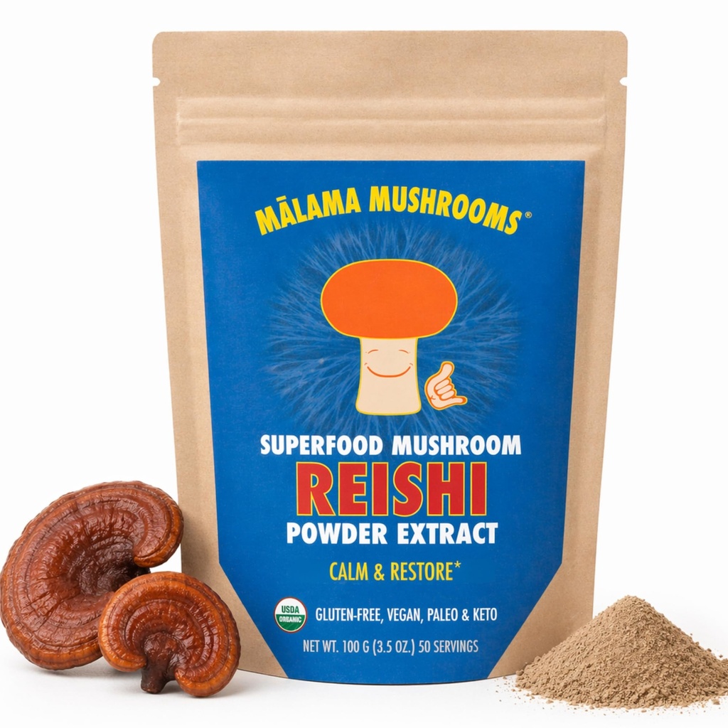Malama Organic Reishi Grzyb w proszku, Wyciąg z czystego ciała owocowego, Superfood adaptogenne dla wsparcia immunologicznego i Wellness, 100 Służenia