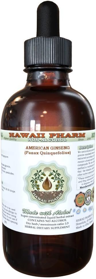 American Ginseng Alcohol- Free Liquid Extract, Ginseng (Panax Quinquefolius) Suszony gliceryt korzeniowy Hawaje Pharm Natural Herbal Supplement 4 oz