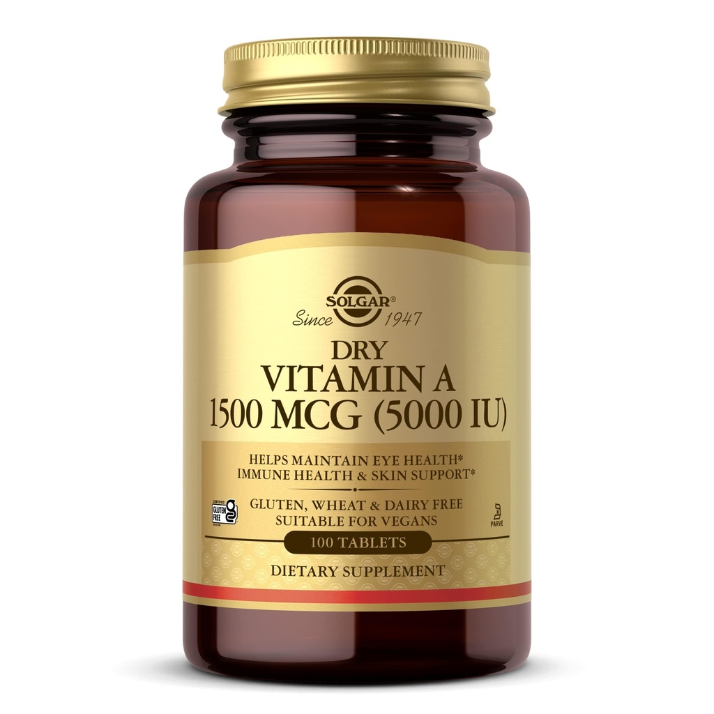 Solgar Suchy Witamina A 1500 μg (5000 j. m.), 100 Tabletki - Wspiera zdrowe oczy, Skóra i system immunologiczny - Non-GMO, Wegan, Gluten Free, Bezmleczne, Kosher - 100 Służenie