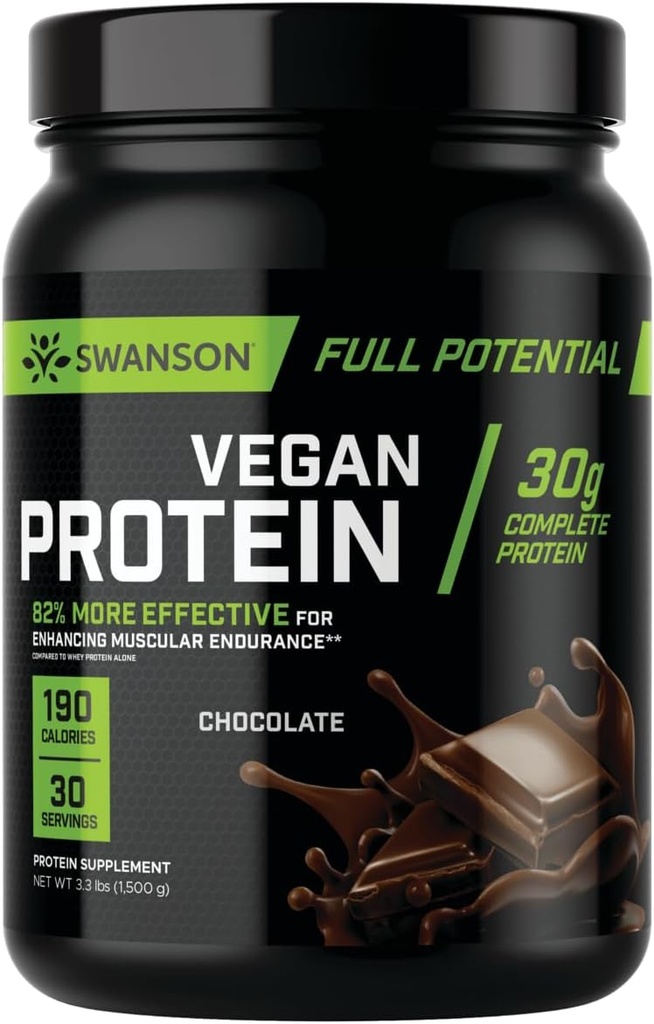 Swanson Full Potential Vegan Protein - Chocolate Flavor, Whole Vegan Protein Powder for Muscle Building and Recovery - 30 g