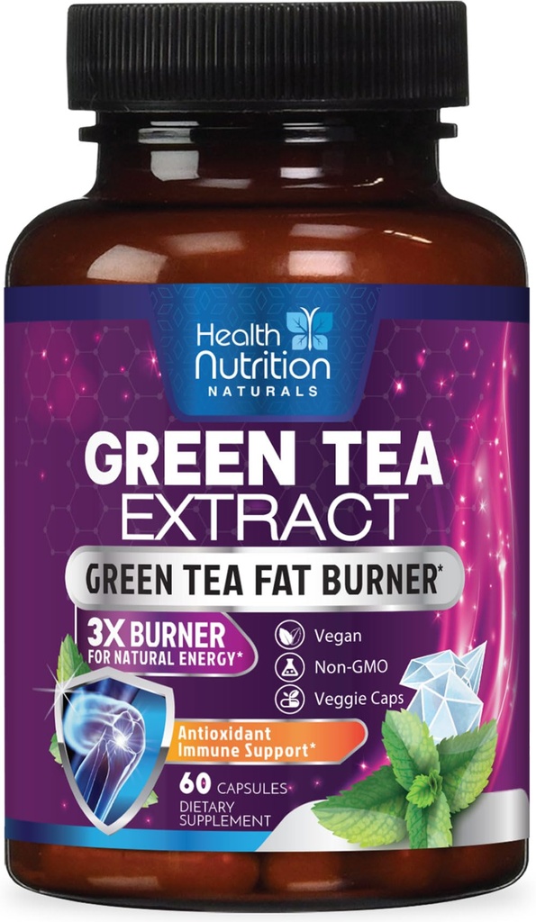 Green Tea Extract Kapsułki - Standaryzowane 45% EGCG & 98% Polifenole - 3X Siła Zielona Herbata Naturalna Energia, Suplement ziołowy z Sercem i przeciwutleniacz Wsparcie dla zdrowia, Butelkowane w USA - 60 Kapsułki