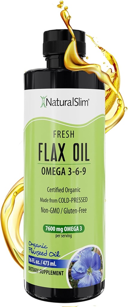 NaturalSlim Flaxseed Oil Liquid Fresh Taste Flax Oil Organic Cold Presset & High in Omega 3 6 9 Tłuszcz Acid Flax Seed Supplement for Healthy Cells, Hair, Skin, & Nails - Fresh Taste 16 fl. Oz.