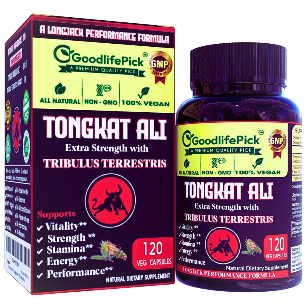 Dodatkowa siła Tongkat Ali z Tribulus Terrestris. Potężny (100: 1) Longjack / Tongkat Ali Extract. 120 Veg kapsułki Tongkat Ali dla Men.All Natural, Non-GMO, Wegan, No Stearate, No Rice Powder