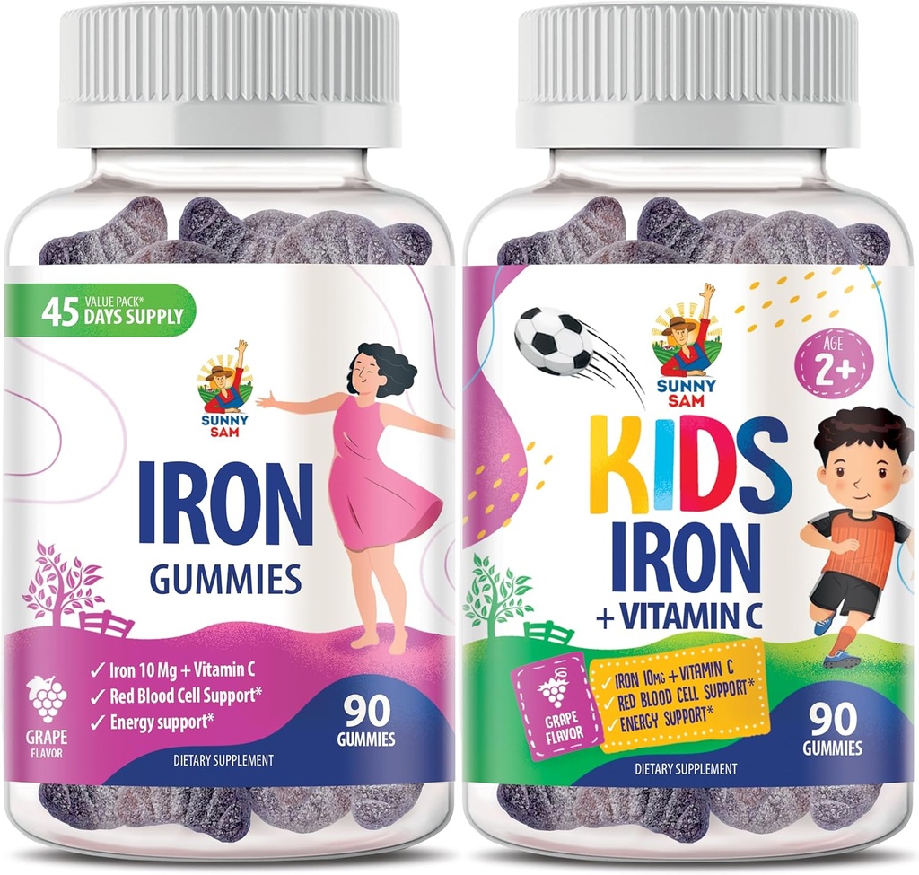SUNNY SAM Żelazne gumki dla dzieci i dorosłych - Żelazo Witaminy z witaminą C, 10 mg na serwowanie - Żelazo do żucia Gummy do immunologicznego wsparcia produkcji czerwonych krwinek