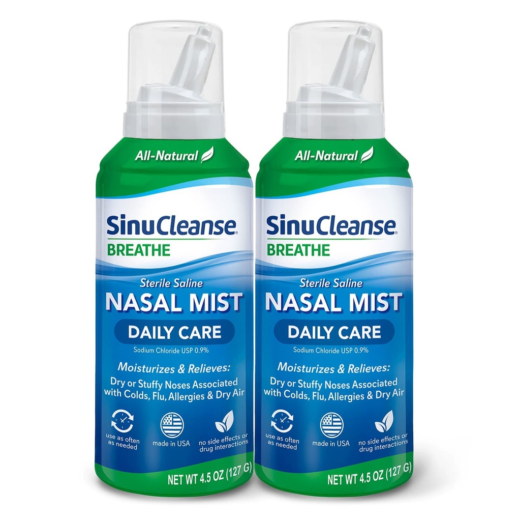 SinuCleanse Codzienne Pielęgnacja Sterylne Nasal Spray, Ultra Fine Mist, Natychmiast nawilża i łagodzi codzienne zatory nosowe Ze względu na przeziębienia i suchego powietrza, 4.5 Oz (2 Pack), Made in USA