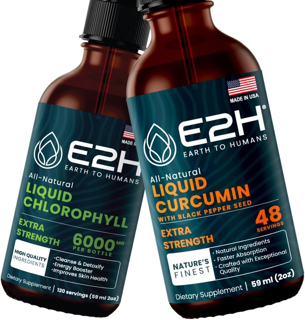 E2H: Chlorofil płynny i kurkumina ciekła z kurkuminy turmerowej 124; Wegan, Non-GMO - 2 Fl Oz Each (4 Fl Oz Total) - Pasek
