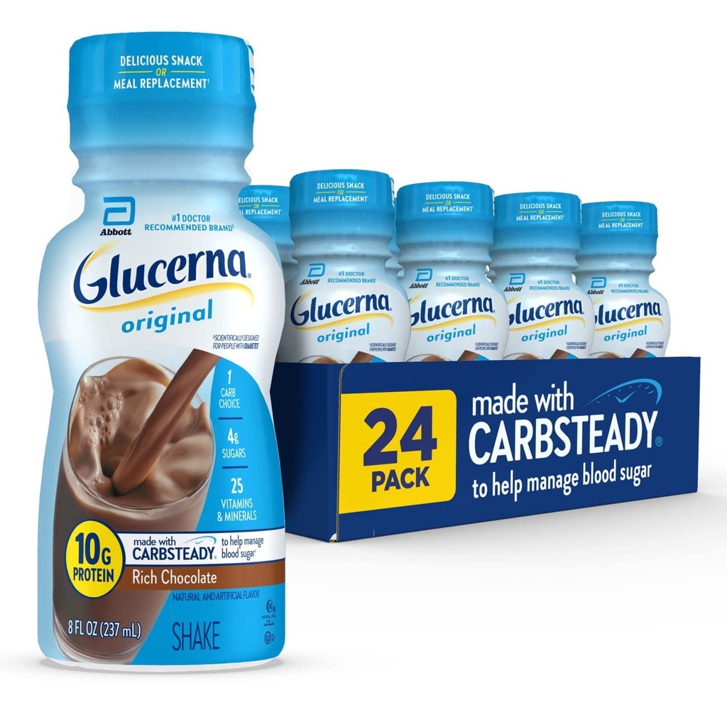 Glucerna Oryginalny Cukrzyca Pielęgnacja Shake, Bogata Czekolada, Cukrzyca Cukru Cukru Cukru, 10 g Białko, 180 Kalorii, Gotowy do picia, butelka 8- fl- oz, 24 Pack