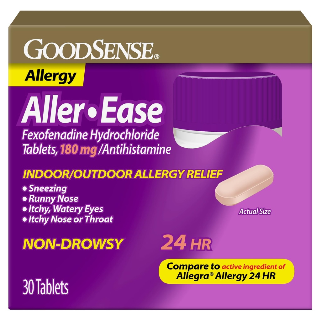 GoodSense Aller- Ease - Fexofenadyna Hydrochloride 180 mg Tablets - 24- godzinna terapia alergiczna do leczenia wewnątrz i na zewnątrz, 30 Count
