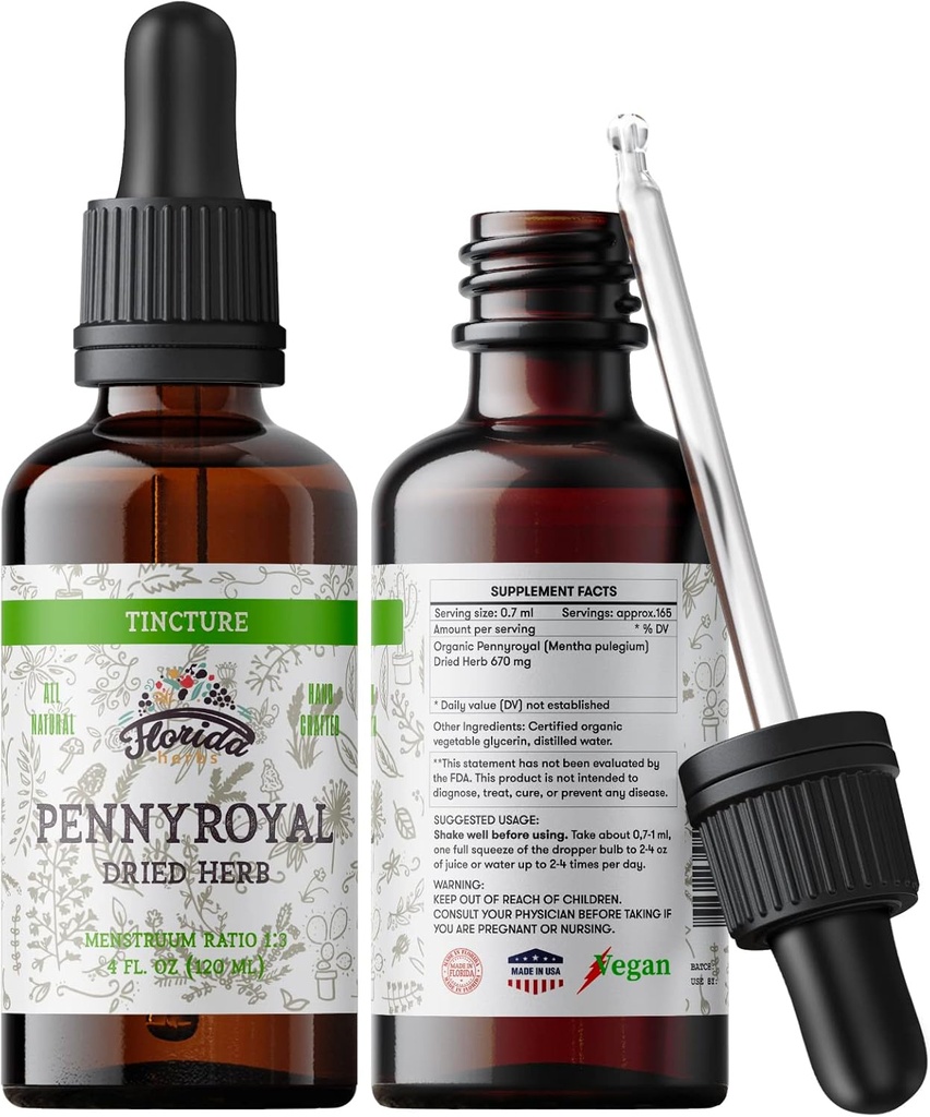 Pennyroyal Tincture, Organic Pennyroyal Extract (Mentha pulegium) Suszony Herb, Non-GMO w Cold- Pressed Organic Vegetable Glicerin 2 oz, 670 mg