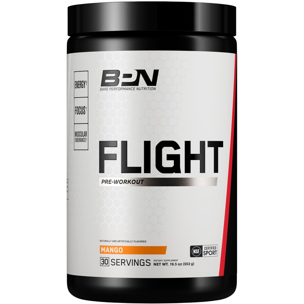 BARE ENTRITITION NUTRITION BPN Flight pre practikout, Wspiera energię i koncentrację psychiczną, Ulepszony wytrzymałość i pompy mięśni z CarnoSyn ® Beta Alanine, Mango, 30 Służenia