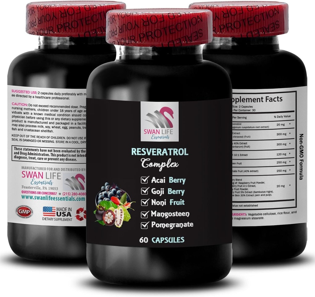 Składnik odżywczy Boost - RESVERATROL COMLEX - Korzyści z jagód, Potężne przeciwutleniacze, Goji Berry Support, Elderberry Siła, Daily Support, Pomegranat Energia, Całość żywności, Energia aromatyczna 1 Butelka 60 Czapki