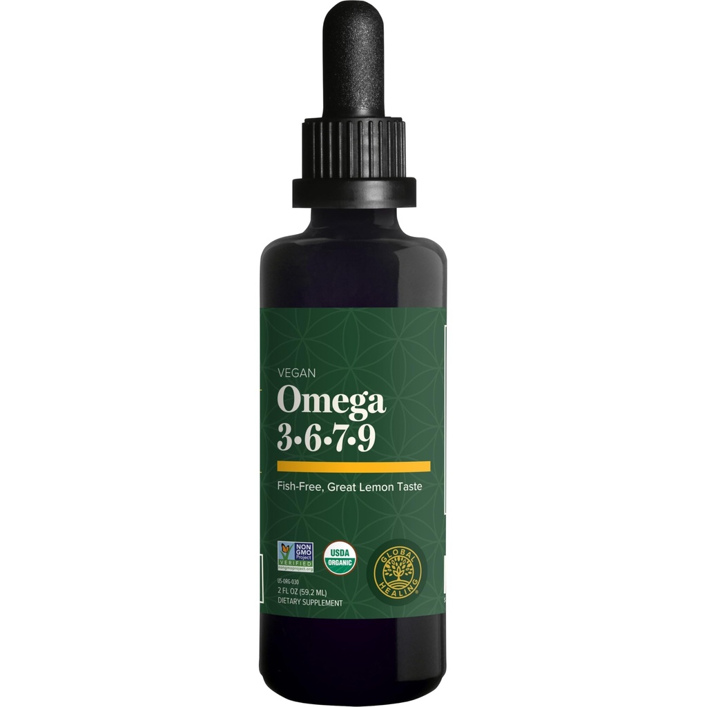 Global Healing Organic Omega 3 6 9 i 7 (Seaberry CO2 Extract) - Bez ryb, Non-GMO Omega 3 Suplement dla kobiet i mężczyzn, Zawiera Perilla Seed & Olej lniany - Fish Oil Alternative - 2 Fl Oz