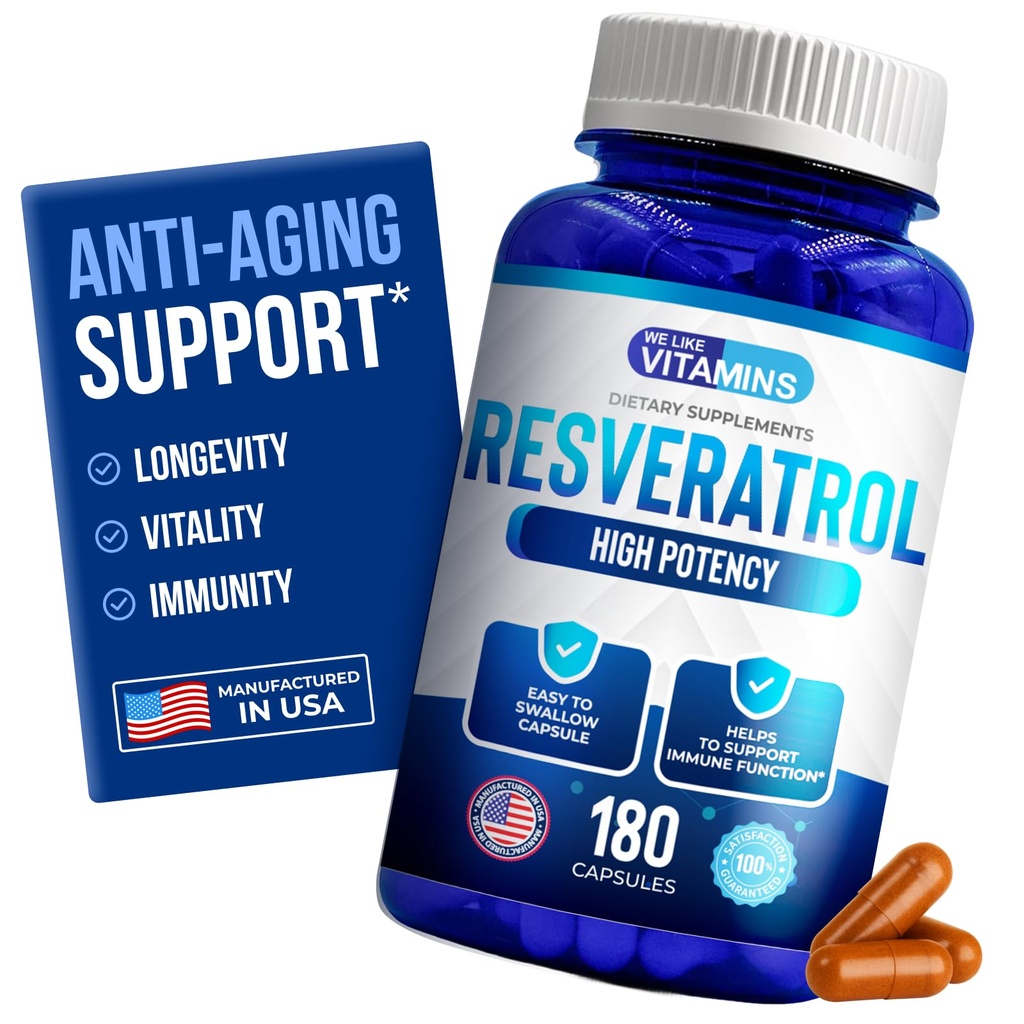 Lubimy Vitamin Resveratrol 1000mg na serwowanie - 180 Łatwe do połykania kapsułki wegetariańskie - Natural Resveratrol Supplement 1000mg - Suplement przeciwutleniający pomaga wspierać anty- starzenia i układu immunologicznego