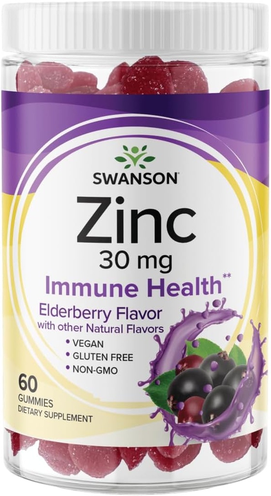 Gumie cynku Swanson - Wszystkie naturalne suplement witaminy Promowanie aktywności przeciwutleniającej i obrony ciała - Pomaga wspierać swój system immunologiczny i zdrowe ciało - (Elderberry, 60 Gummies)