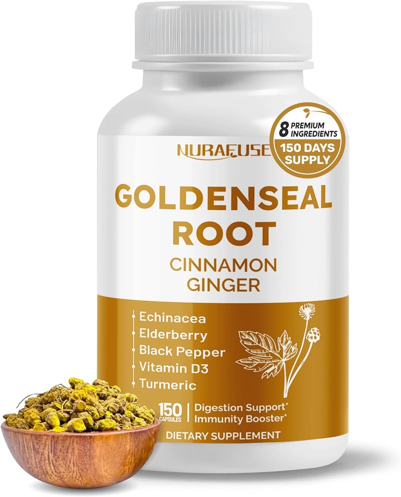 Goldenseal Root 8- in-1 Formuła - z cynamonem imbir Echinacea Elderberry Black Pepper Witamina D3 - Nie-GMO, Gluten- Free, Soy- Free