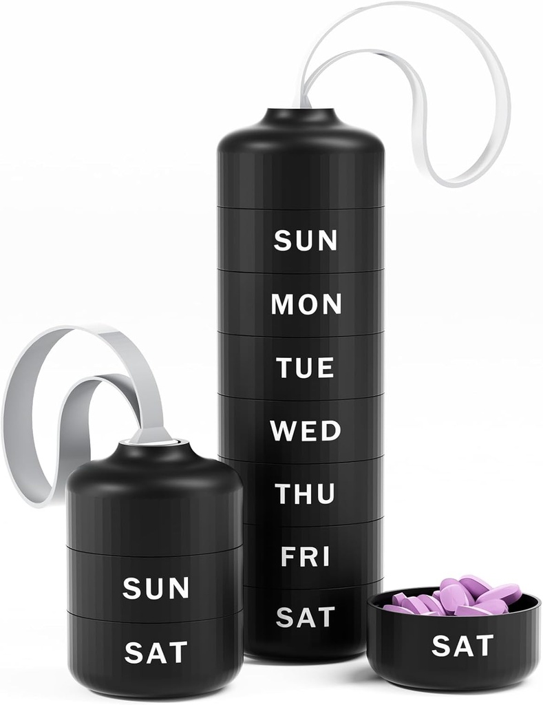 Betife Cute Pill Organizator, Cute Weekly Pill Box for Travel, Cute Daily Pill Case 7 Day, z 7 dużych stożkowatych komnat, Sturdy ABS Pill Holder dla suplementu witaminy Medycyny (czarny)