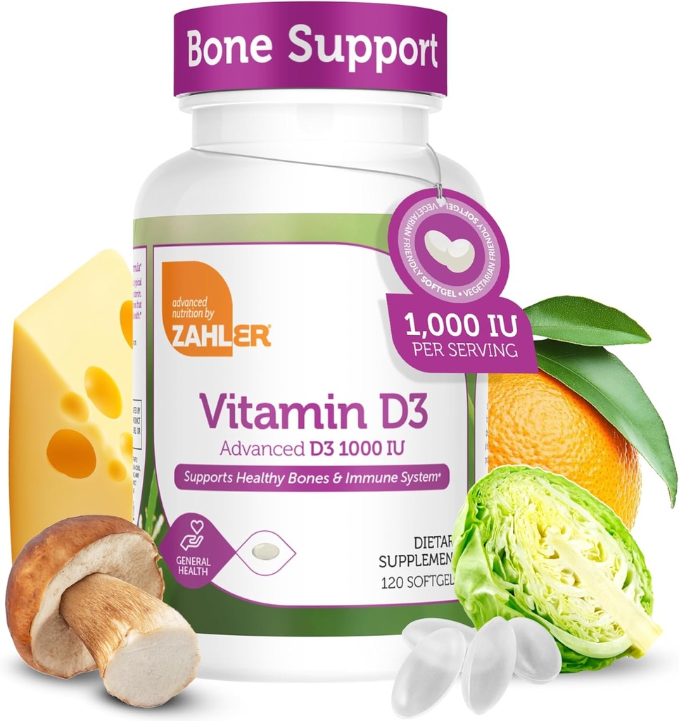 Zahler - Zaawansowana witamina D3 1000 IU Softgels (120 Count) Koszerny Wegetariański Przyjazny Witamina D dla immunologicznego wsparcia, kości, zębów i zdrowia mięśni - Easy Swallow VIT D 3
