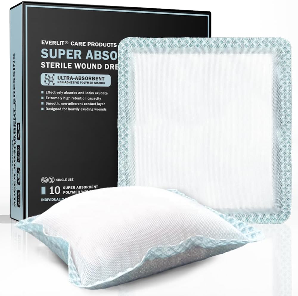 EVERLIT Super Absorbent ubieranie się do pielęgnacji rany 124; Nonstick Soft Surgical Gaze Pad for Heavily Exuding Rands 124; Duży Sterylny Non-Adhesive Bandage for Fast Healing Rana Care 124; Opakowanie po 10 (6 "x 6")
