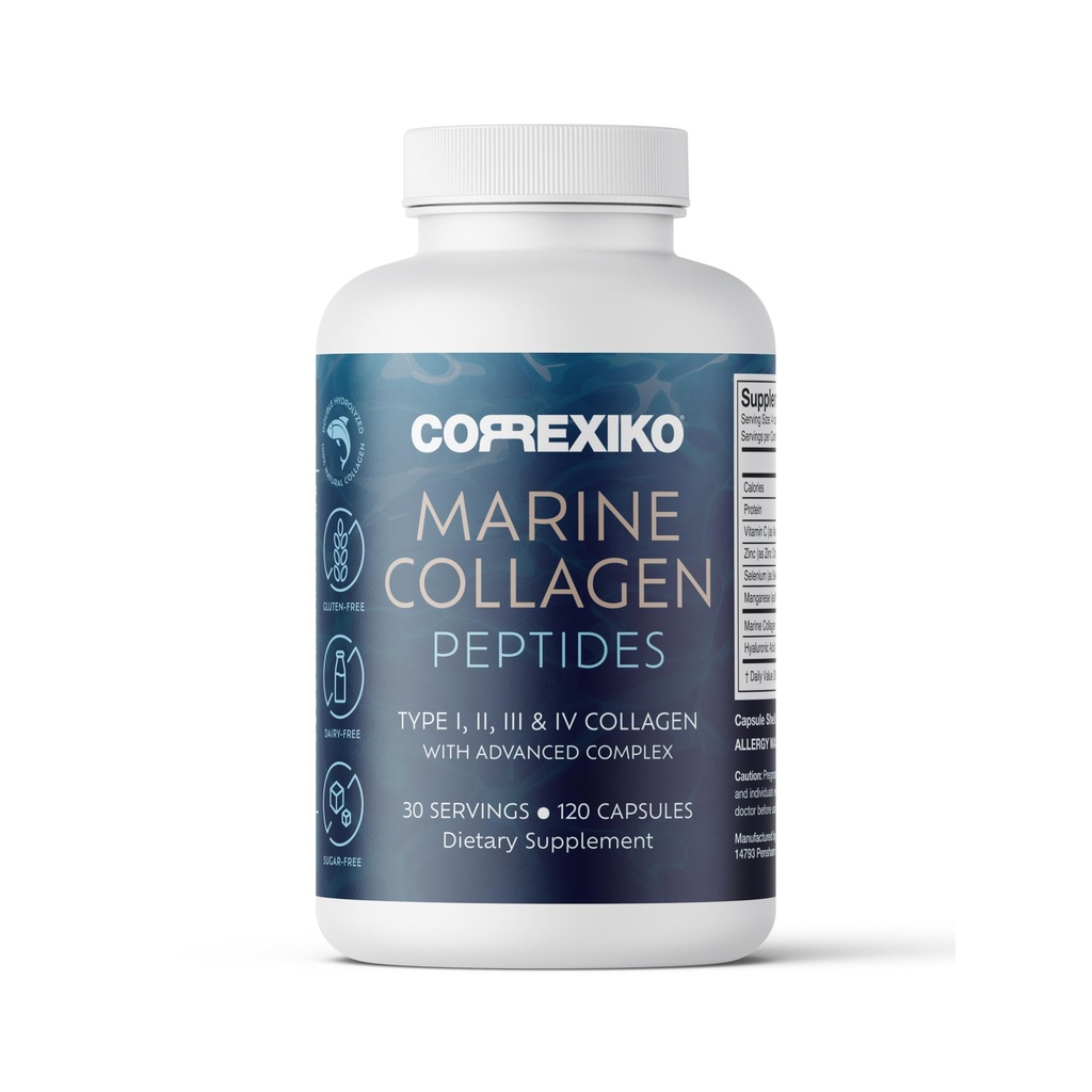 CORREXIKO Marine Colagen Supplement Pills - 1800mg Zhydrolizowane Peptydy Kolagenowe na serwowanie z dodatkiem kwasu hialuronowego, witaminy C i minerałów - do włosów, skóry i paznokci - 120 Kapsułki 30 Day Supply