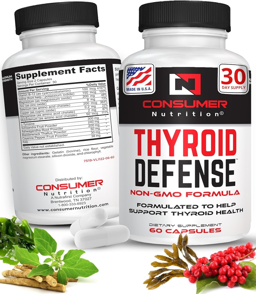 Wsparcie dla tarczycy dla kobiet i mężczyzn - Ashwagandha, Cayenne, Schisandra, & Kelp dla zdrowia tarczycy - Cynk, witamina B12 i suplementy jodu dla tarczycy - Tyroid Defense 30 kapsułki