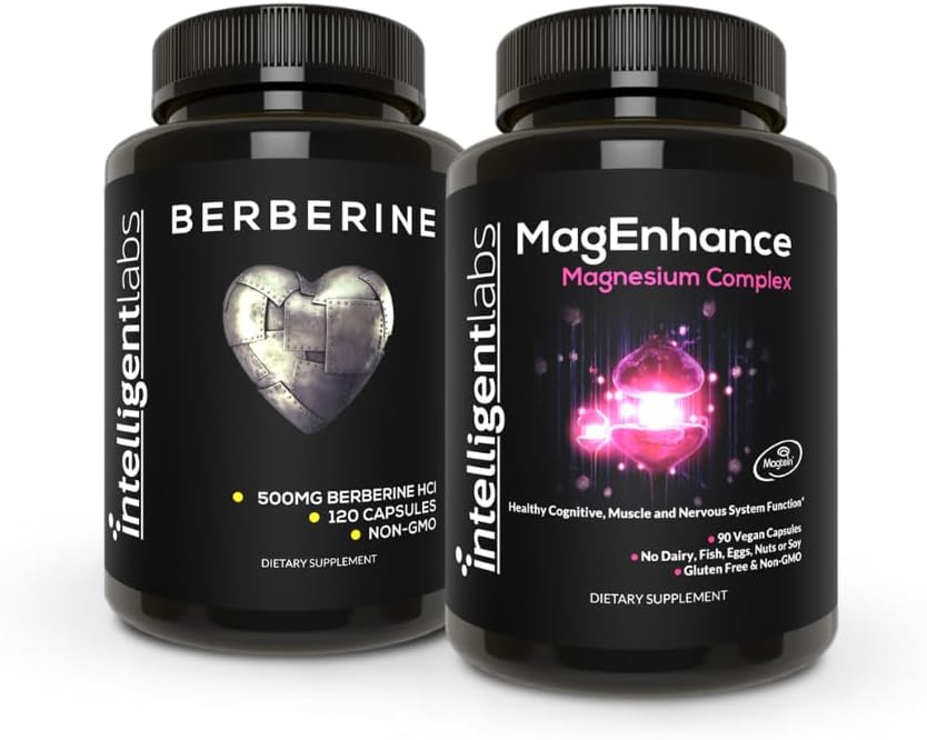 Intelligent Labs 2- in-1 Bundle of MagEnhance Magnezu Supplement (Magnezu L- Threonian Complex with Mg Glycinate and Mg Taurate) i Max Siła Berberberine 500MG kapsułki