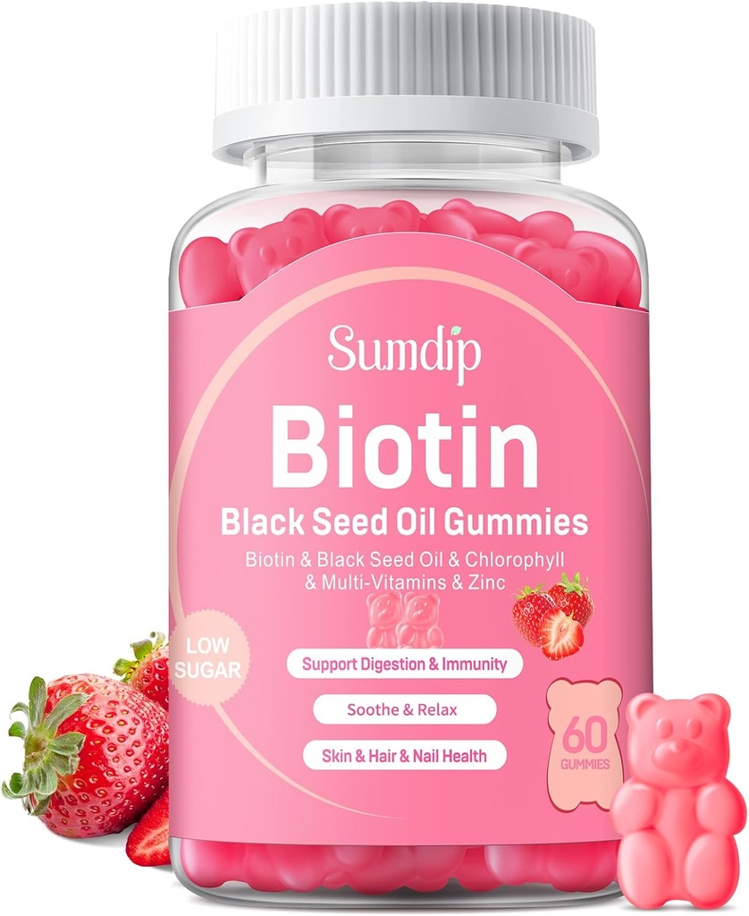 Gumie oleju z nasion czarnego z biotyną, wsparcie immunologiczne Zdrowe włosy i skóry i paznokcie dla kobiet i mężczyzn, Chlorofil, Cynk, Witamina A, B6, B12, C, D, E, Suplement wegański - 60 Gummies