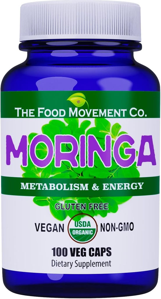 The Food Movement CO. Moringa - Certified Organic Superfood, Whole Body Wellness, Natural Energy Support, Wsparcie zdrowego metabolizmu - 100 Kapsułki wegańskie