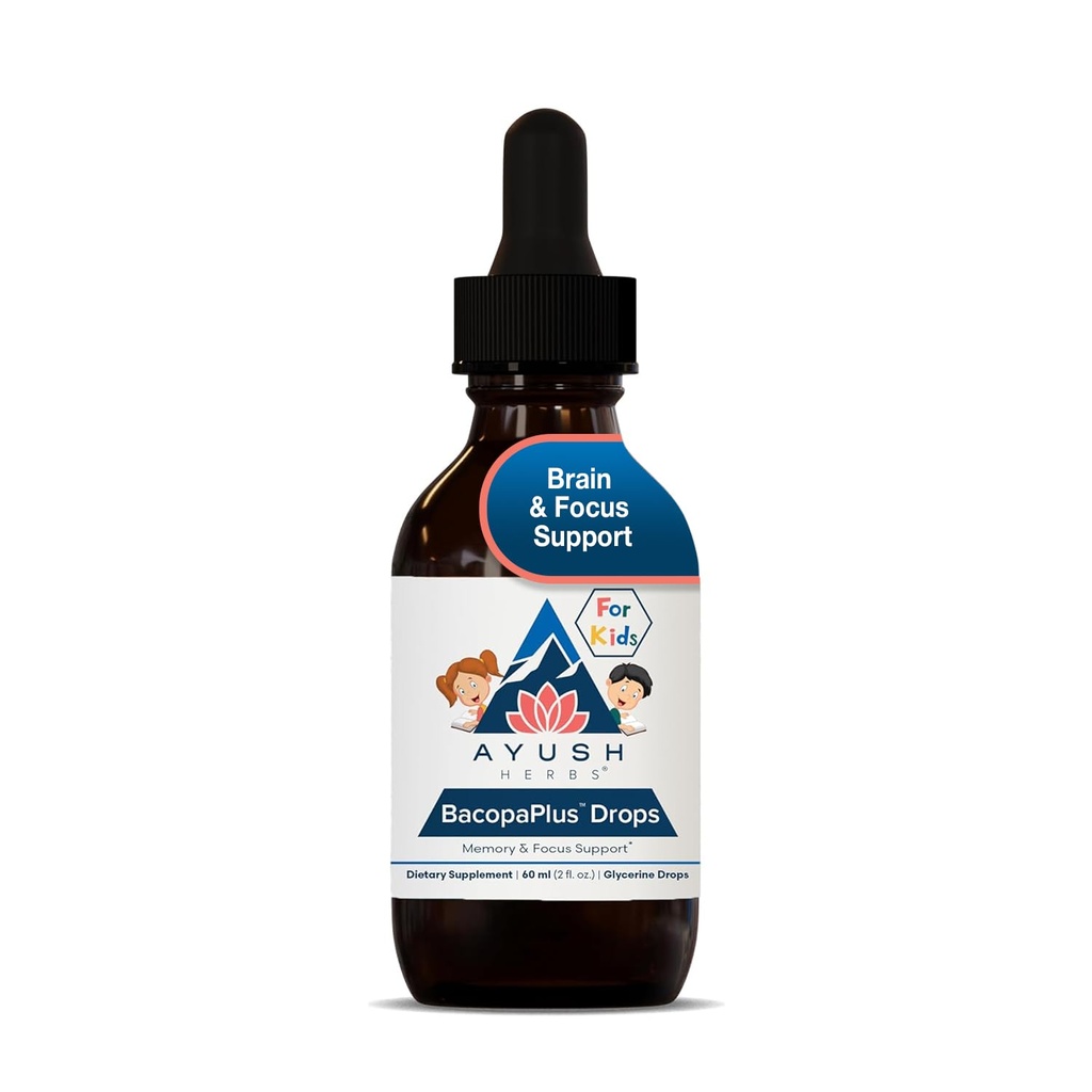 Ayush Herbs BacopaPlus Drops dla dzieci - Dzieci Focus i suplement uwagi z Bacopa, Ashwagandha, Ginkgo, Wsparcie dla mózgu i pamięci, Składniki organiczne - 2 Fl Oz (80 Służenie)