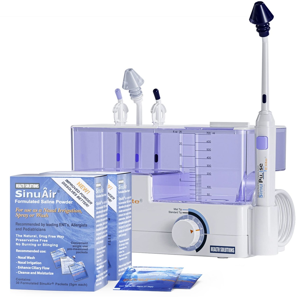 SinuPulse Elite Advanced Nasal Irrigation System - Pulsating Sinus Congestion Relief & Sinus Rinse Machine, bardziej skuteczne niż Neti Pot, Spray nosa lub Nasal Wash Butelka, z 90 Pakiety SinuAir