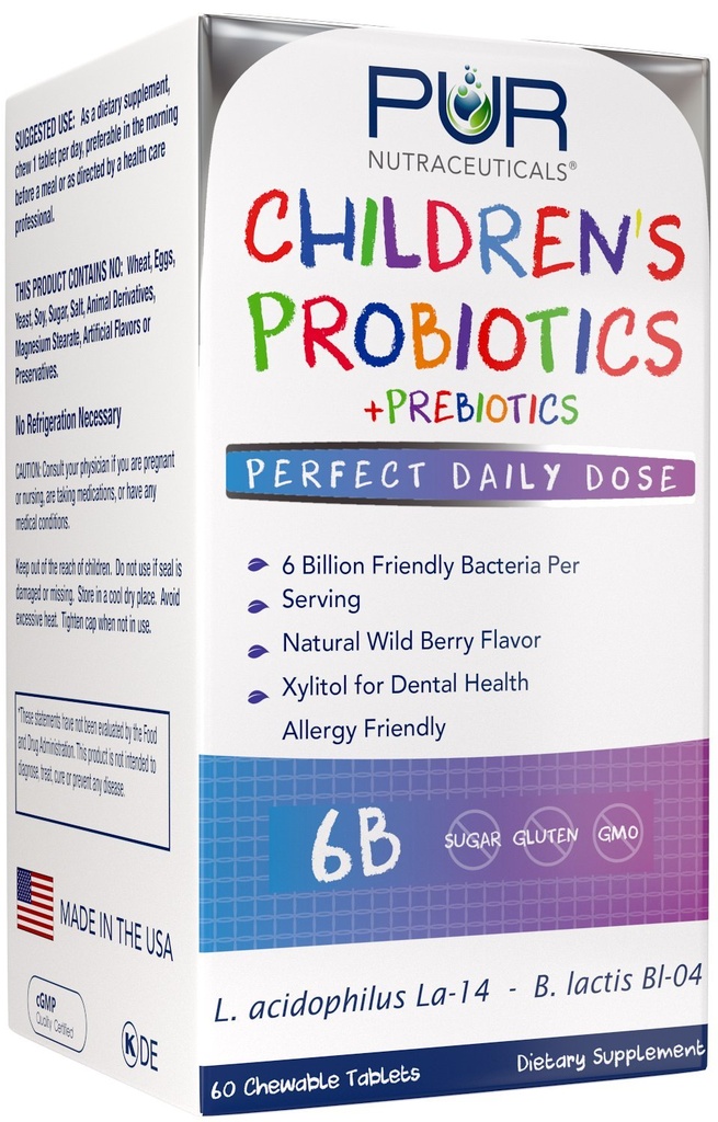 Probiotyka dla dzieci + Prebiotyka * 6 Miliard CFU / obsługa * 60 Tabletki do żucia * 2 Miesiące dostaw * z Prebiotyki Sunfiber ® & FOS dla 10X Więcej efektywności * 100% Wszystkie naturalne * Made in USA