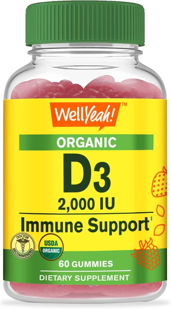 WellYeah Organiczna witamina D3 2000 IU (50 mcg) Gummies - Wspiera kość, wytrzymałość mięśni i odporność - Non-GMO, Gluten Free - USDA Organic - Natural Flavors - 60 Gummies