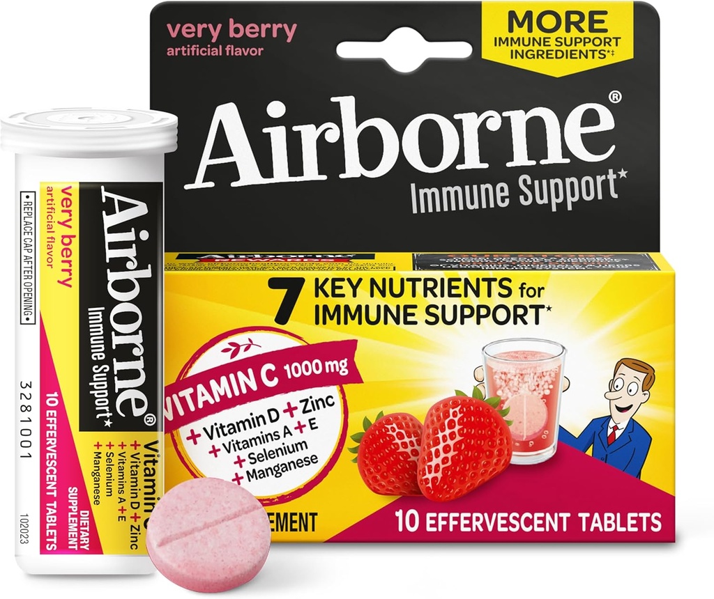 Witamina C 1000mg (na jedną porcję) - tabletki musujące bardzo jagodowe (10 sztuk w pudełku), suplement immunologiczny bez glutenu, z witaminami A C E, ZINC, Selenium, Echinacea & Ginger