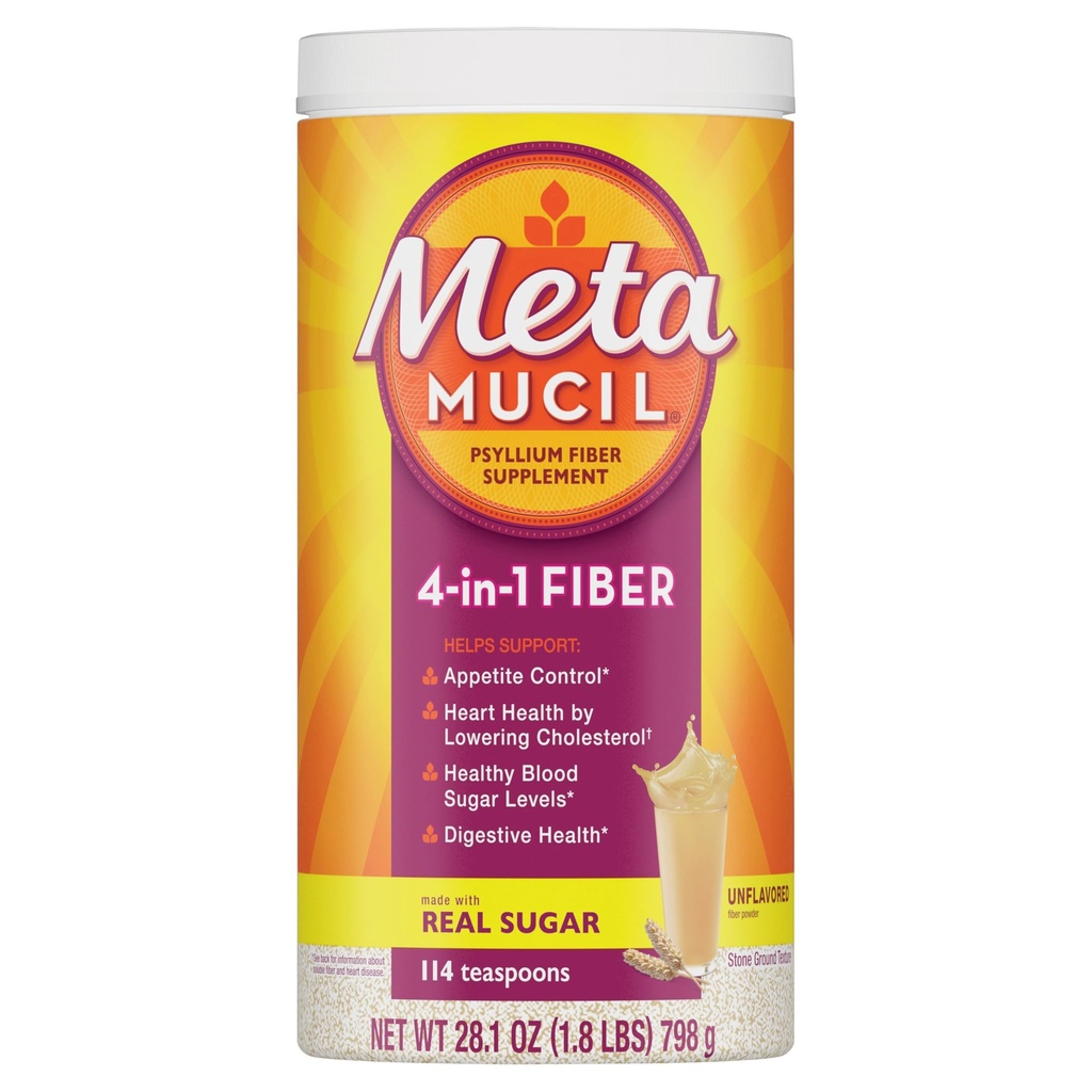Metamucyl, Pyllium Husk Powder, Unflavored Oryginalna tekstura, z cukrem, 114 Słupy, 4-in-1 Fiber Suplement, Codzienne Pyllium Husk Fiber Powder Pomoc Wsparcie zdrowia pożywienia poprzez promowanie regularności *