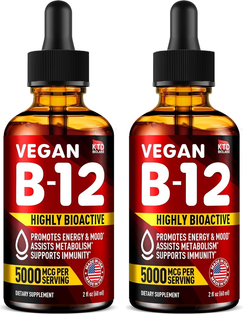 Opakowanie 2 - B12 Podjęzykowe 5000 µg Drops - Made in USA - Vegan B12 Vitamin for Energy, Mood & Memory - Wysoce Biodostępne Podjęzykowe Dropy - Metylcobalamina dla Kobiet i Mężczyzn - 2 fl. oz.