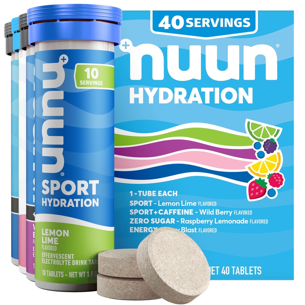 Nuun Hydration Electrolyte Tablets - Sodu, Potas, Chlorek, Wapń, Magnez, 1g i 0g Napoje cukrowe Mieszanka Napojów 124; Wegan, Gluten Free, Non-GMO España 124; Kompletne opakowanie, Mieszane smaki, 4 Pack (40 Łączne służby)