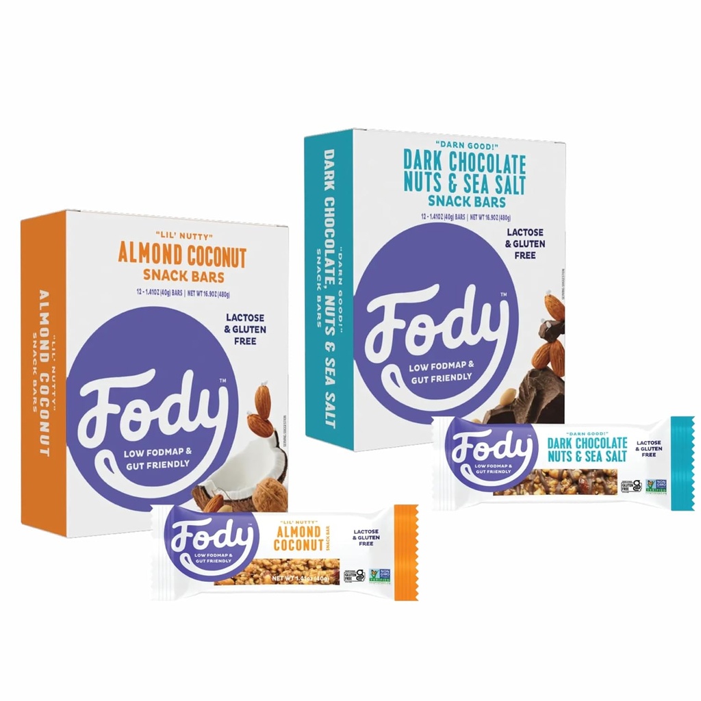 Fody Foods Snack Bars Variety Pack, 1.41 Oz (Pack of 24), Almond Coconut & Dark Chocolate Nuts & Sea Salt, Protein Bars, Low FODMAP, Gut & IBS Friendly, Wegan, Laktoza Free, Non-GMO, Gluten Free