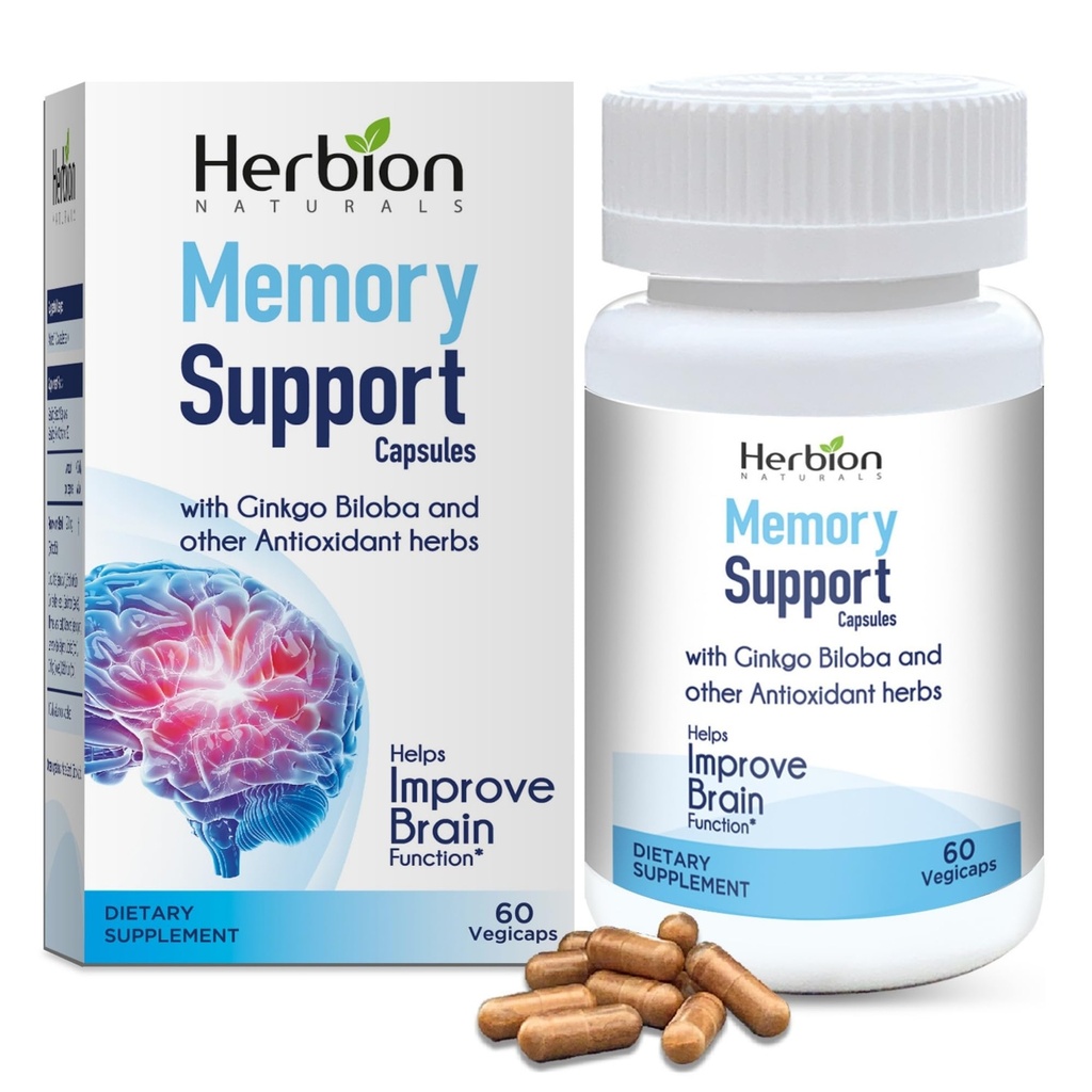 HERBION Naturals Memory Support Kapsułki, Pomaga poprawić funkcje mózgu i absent Mindedness, Utrzymuje zdrowe poziomy nastroju z Ginkgo Biloba, dla dorosłych, 60 Hrabia, Pack of 1
