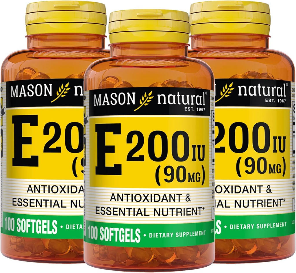 MASON naturalna witamina E 90 mg (200 j. m.) - przeciwutleniacz i zasadniczy składnik odżywczy, zdrowy system immunologiczny, skóra i oczy, suplement całego ciała, 100 softgeli (opakowanie po 3)