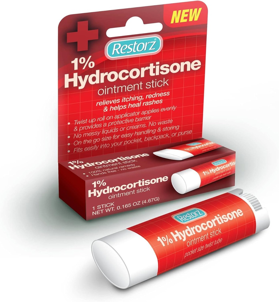 Restorz Hydrokortyzon 1% Krem do leczenia stick (1 paczka) - Brak mesy rozmiar Maści Maść dla delikatnego wsparcia / przenośne i łatwe w użyciu / szybko działająca ulga dla igieł, ugryzień, zaczerwienienie i wysypki
