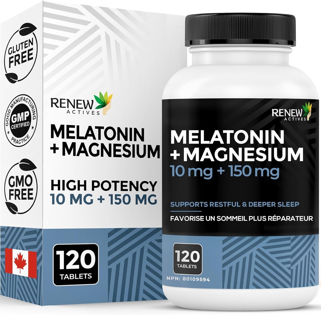 NOWE DZIAŁANIA Melatonina 10MG z Magnezu 150MG Sleep Aid per Serving - Wsparcie Sen Onset, Jet Lag Relief, Formacja tkanki i Elektrolit Balance for Resteful Sleep - Made in Canada - 120 Kapsułki