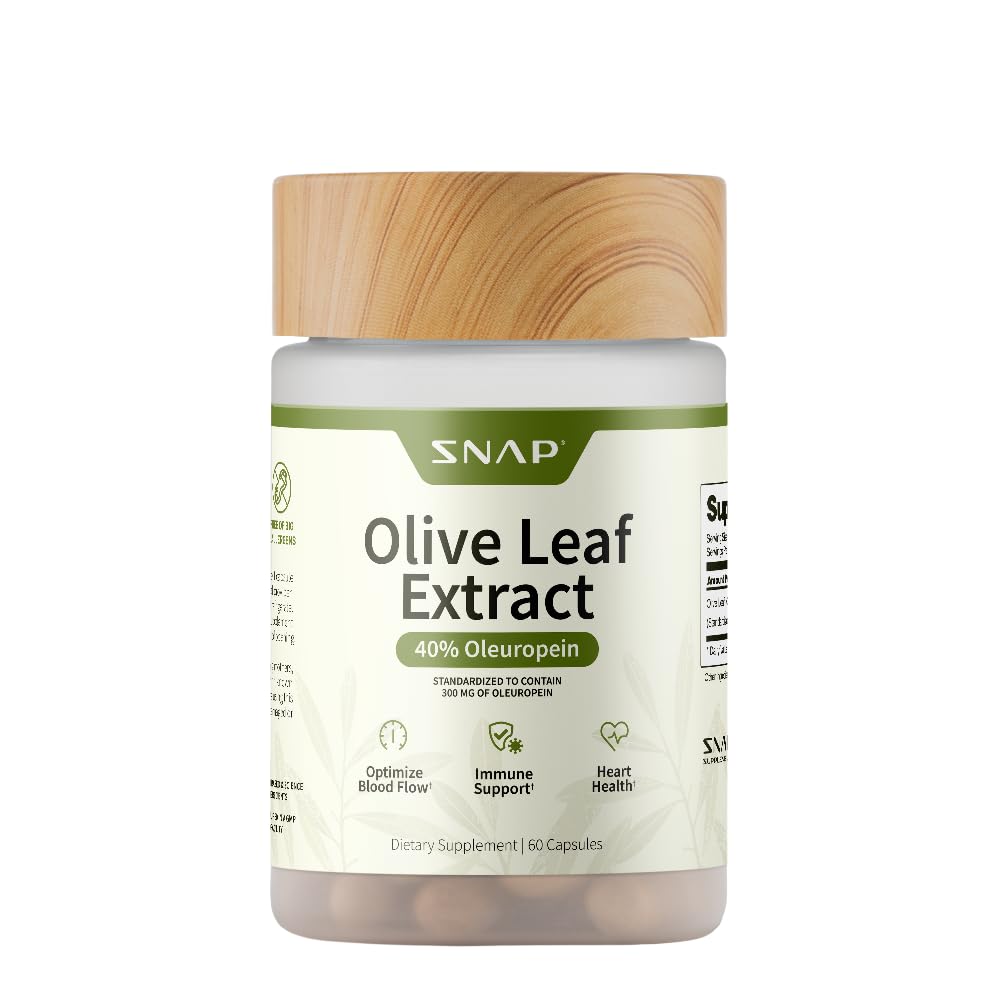 Suplementy Snap Olive Leaf Extract Kapsułki - Super Siła 40% Oleuropeina do wspomagania przepływu krwi, Poprawa trawienia, Antyoksydant suplement Boost, Poprawa funkcji mózgu (60 Kapsułki)