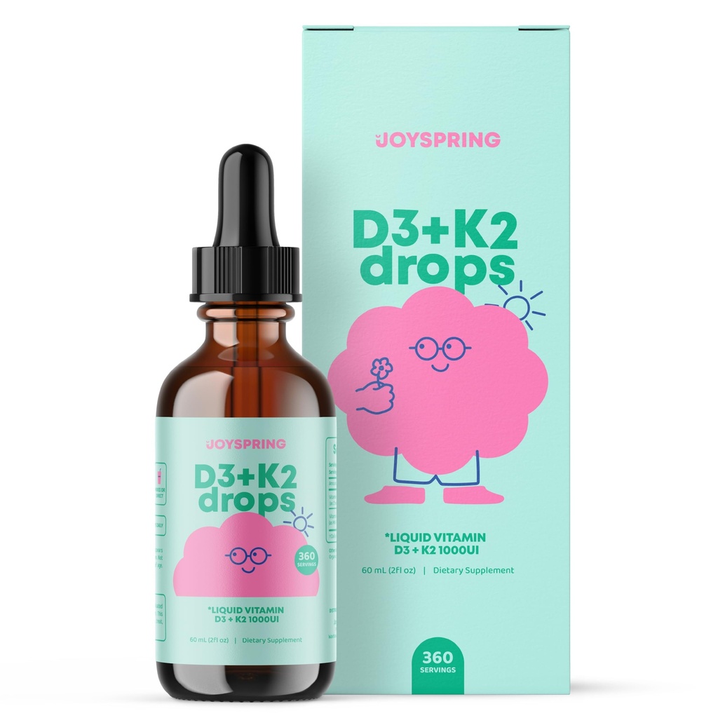 JoySpring Witamina D3 Dzieci krople z K2 - Płynny suplement do absorpcji wapnia i wspólnego zdrowia - 360 Służenie (2 fl oz) - Witamina D Dzieci w wieku 3- 18