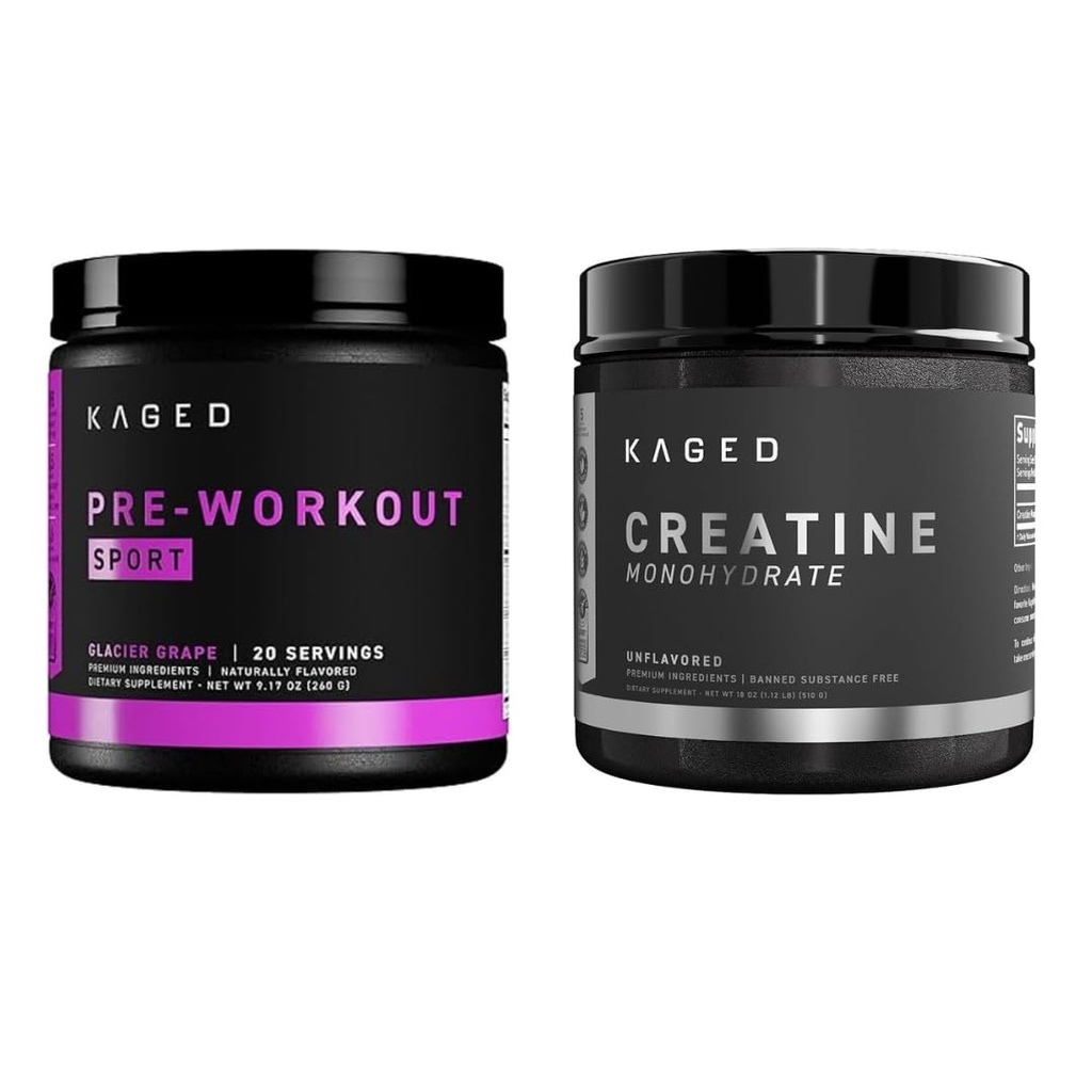 Kaged Pre Sport Wstępny trening proszku Lodowiec winogronowy Kreatyna Monowodzian Mikronizowany Pasek w proszku, Energia & Muscle Recovery Supplement Pack, 20 Służenia przed treningiem + 100 Służenia Kreatyna