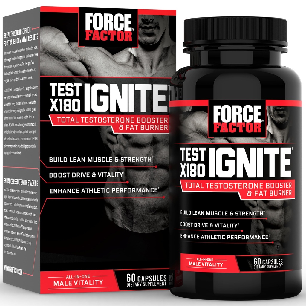 Test FORCE FACTOR X180 Ignite Total Testosteron Booster dla mężczyzn z nasion kozieradki i Green Tea Extract Build Lean Muscle, Boost Energy, i poprawić wydajność, 60 Count
